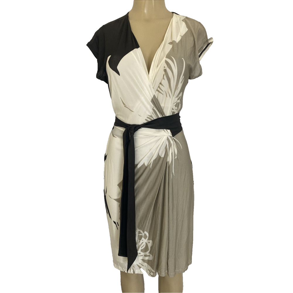 Max Mara Dress Sheath Faux Wrap Waist Tie Floral Sand Ecru Lined Cap Sleeve S